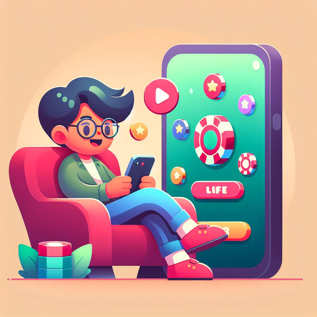 Cartoon character holding a smartphone showing the BGD5555 app interface in a bright gaming-themed background