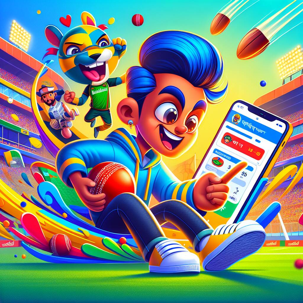 Cartoon character placing online sports bets on a phone with charts and odds around