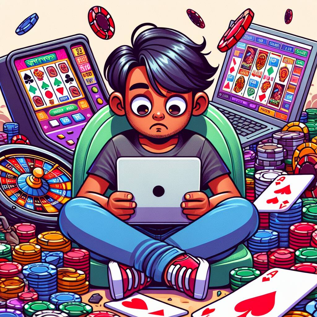 Cartoon character using a smartphone casino app surrounded by chips and coins