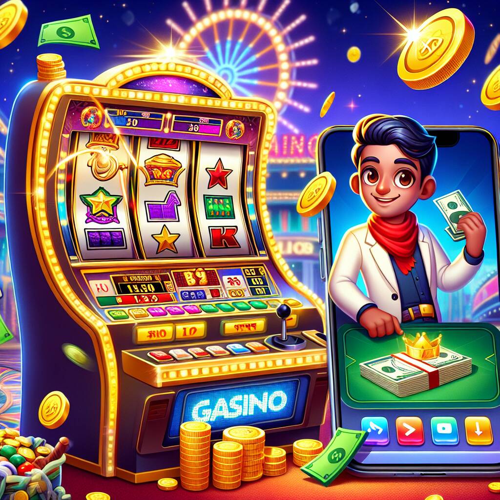 Cartoon Bangladeshi character happily spinning colorful slot machines surrounded by coins and jackpots